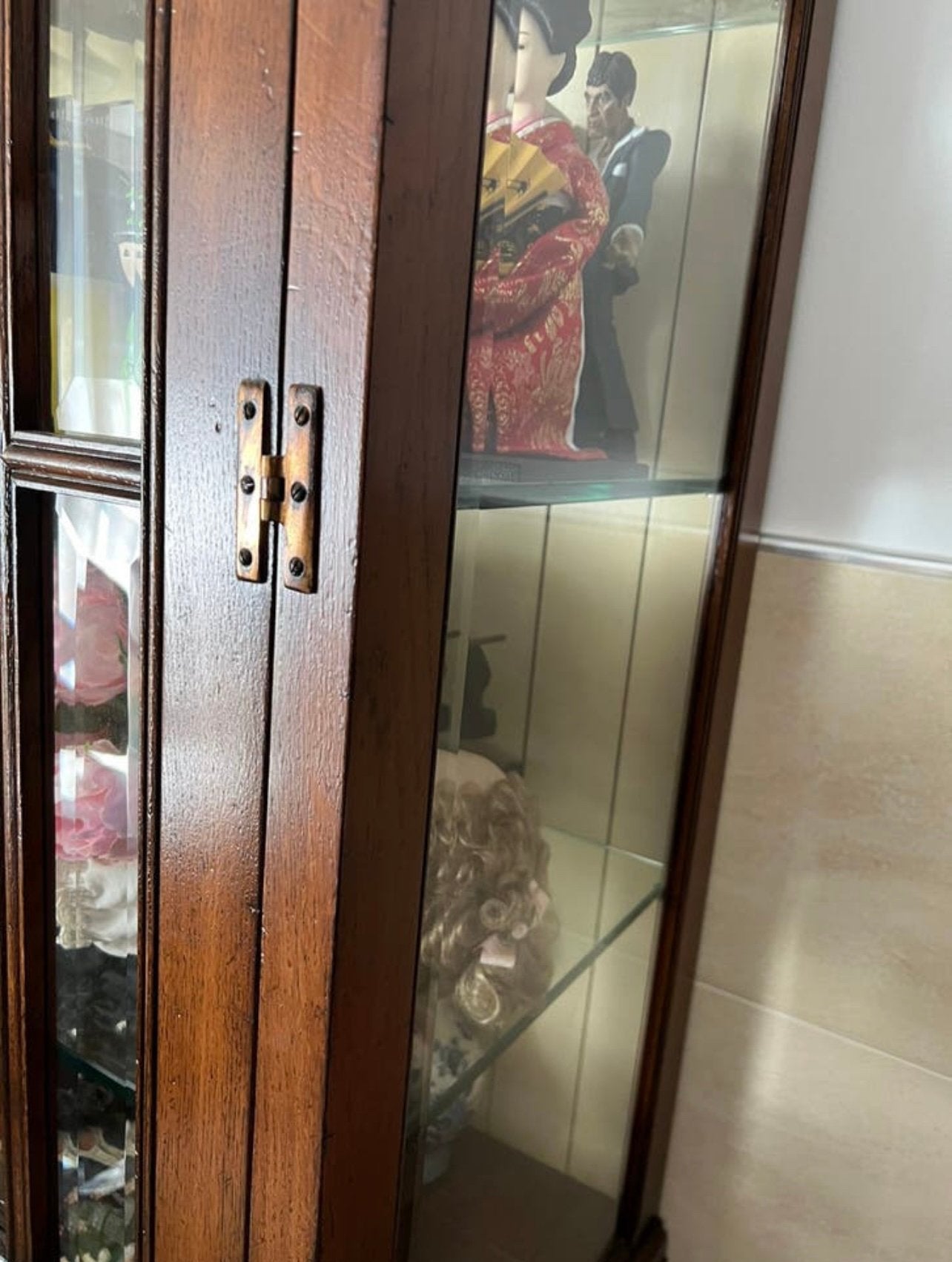 Eiken vitrinekast 2 delig en 3 lades met geslepen glas, Ophalen of Verzenden, 150 tot 200 cm, 25 tot 50 cm, Glas