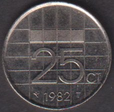 25 gulden cent.1982 nikkel.  ADV. no.2 S., Verzenden, Overige landen, 20 cent, Losse munt