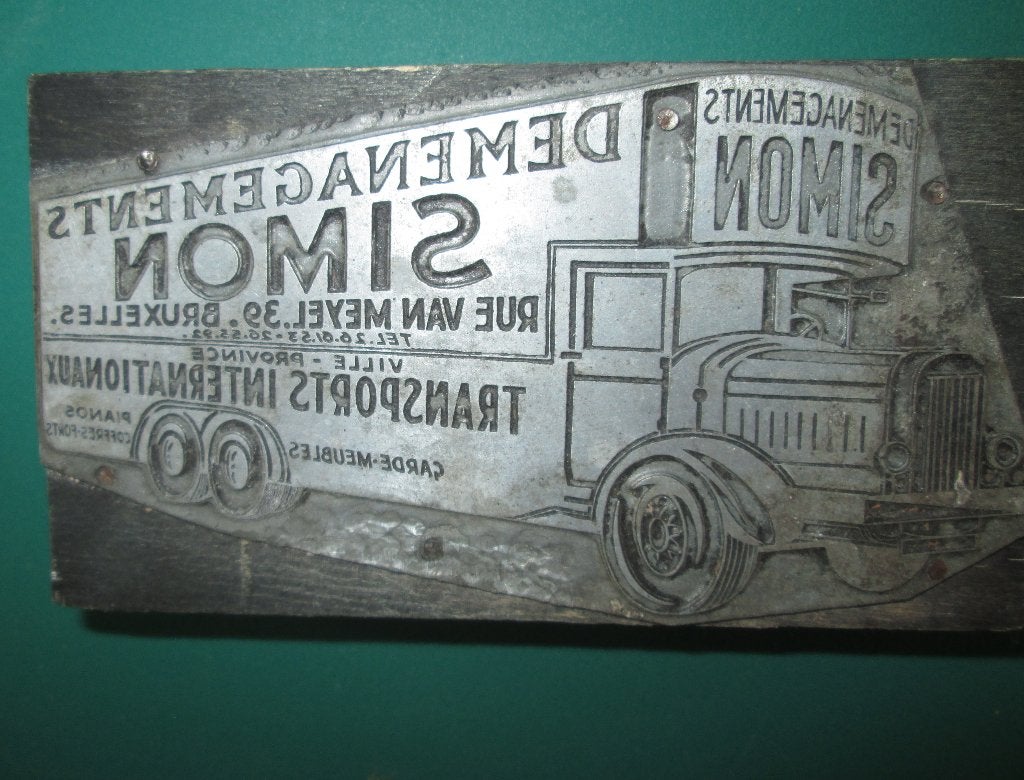 vintage hoogdruk cliché Simon Transport truck vrachtauto, Ophalen of Verzenden, Gebruikt, Gebruiksvoorwerp