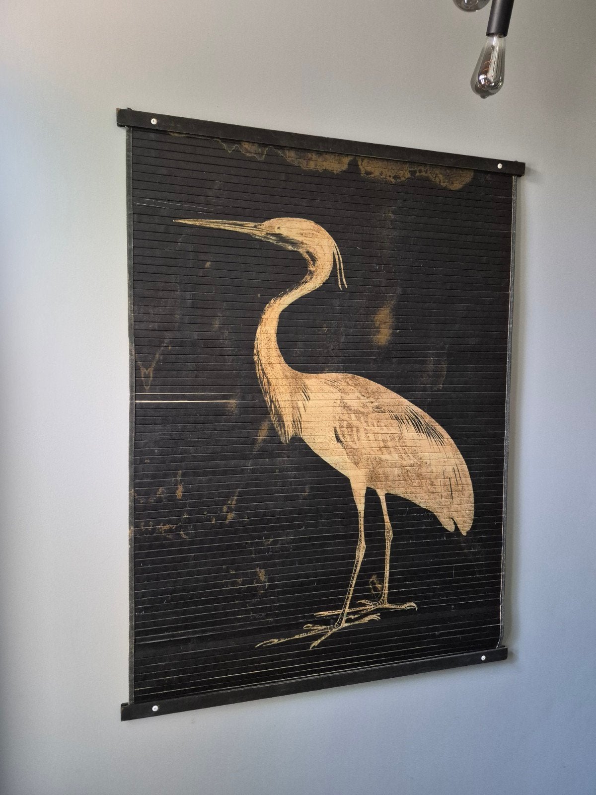 Unieke wanddecoratie: Reiger op bamboe rolgordijn, Overige typen, Ophalen of Verzenden, Zo goed als nieuw, 75 – 100