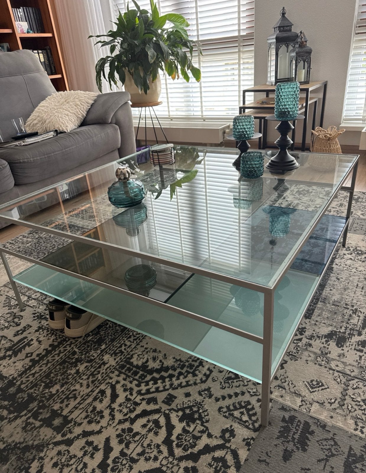 Design meubel:glazen salontafel 100x100cm, Huis en Inrichting, Tafels | Salontafels, Ophalen, Vierkant, Modern, 100 tot 150 cm