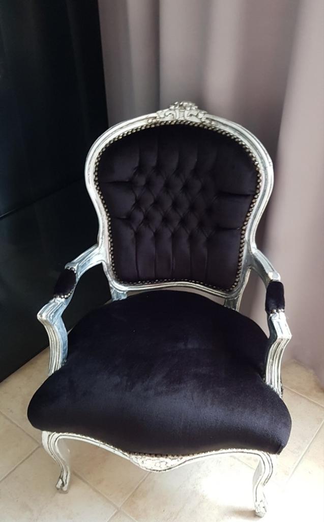 Barok Zilverkleurige Fauteuil met Zwart Suède, Ophalen, Gebruikt, 75 tot 100 cm, 50 tot 75 cm