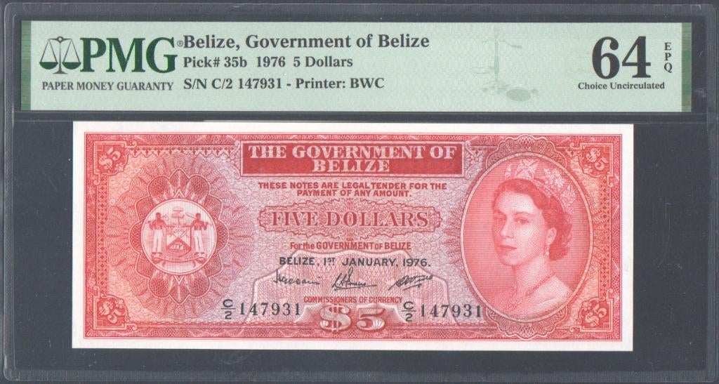 Belize 5 Dollars 1976 PMG 64 EPQ, Postzegels en Munten, Bankbiljetten | Amerika, Verzenden, Midden-Amerika, Los biljet