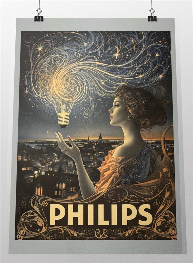 PHILIPS Reclame Lampen Affiche art nouveau Poster, Verzamelen, Verzenden, Nieuw, Reclamebord