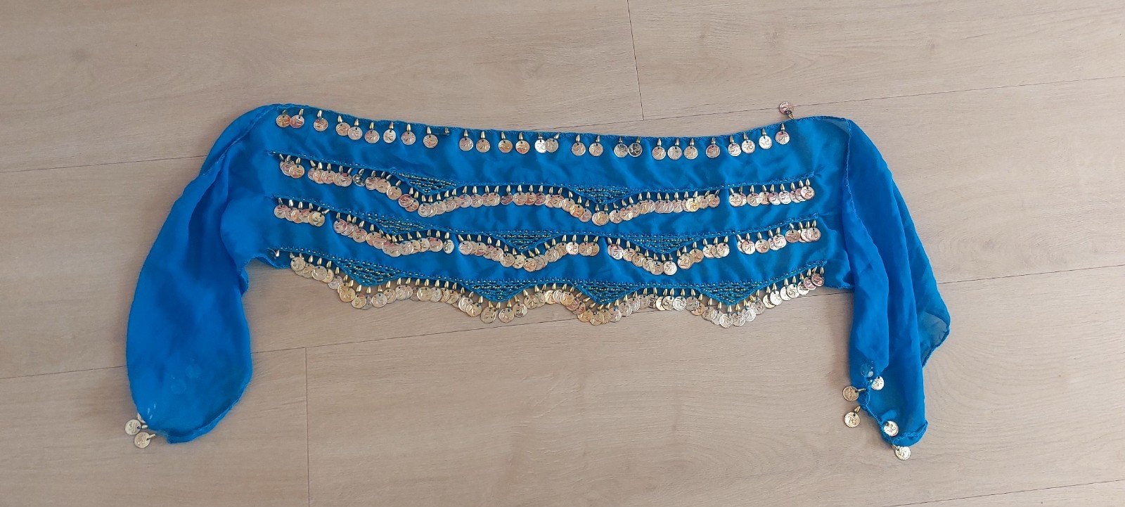 Blauwe buikdans sjaal met muntjes, Ophalen of Verzenden, Zo goed als nieuw