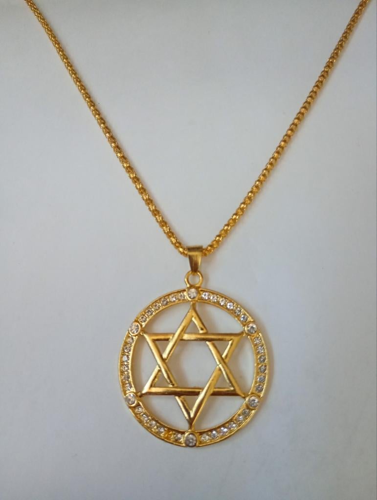 Goudkleurige davidster hanger met steentjes en ketting nieuw, Ophalen of Verzenden, Nieuw, Goud, Overige materialen