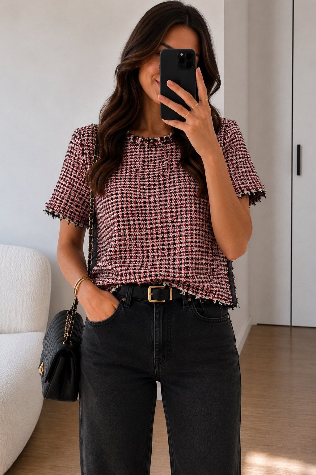 Marc Cain Tweed Top Rood/Zwart/Wit Maat M, Kleding | Dames, Maat 38/40 (M), Ophalen of Verzenden, Zo goed als nieuw, Korte mouw