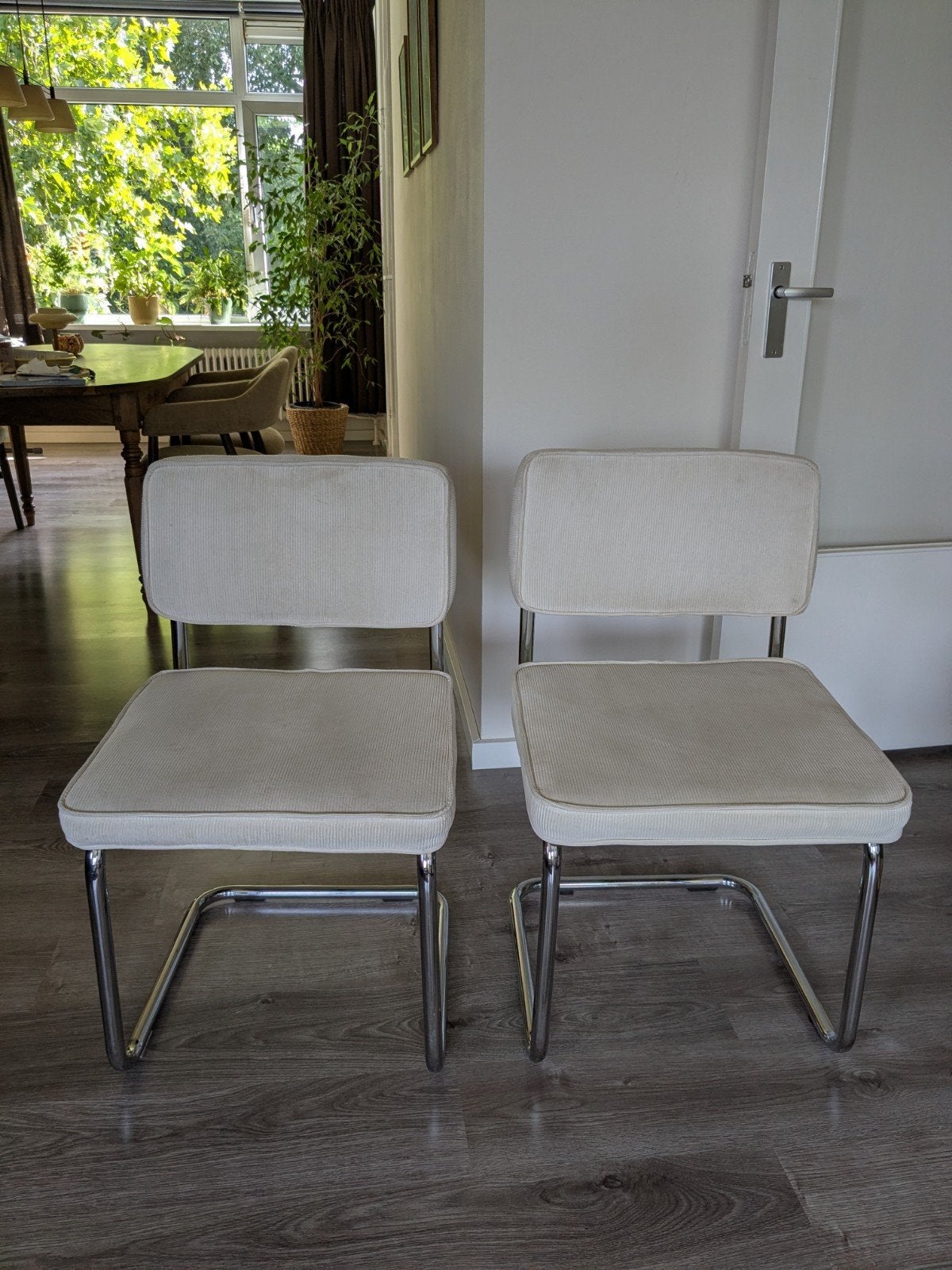 Set van 2 eetkamerstoelen - Wit ribstof, Gebruikt, Twee, Overige kleuren, Retro, Modern