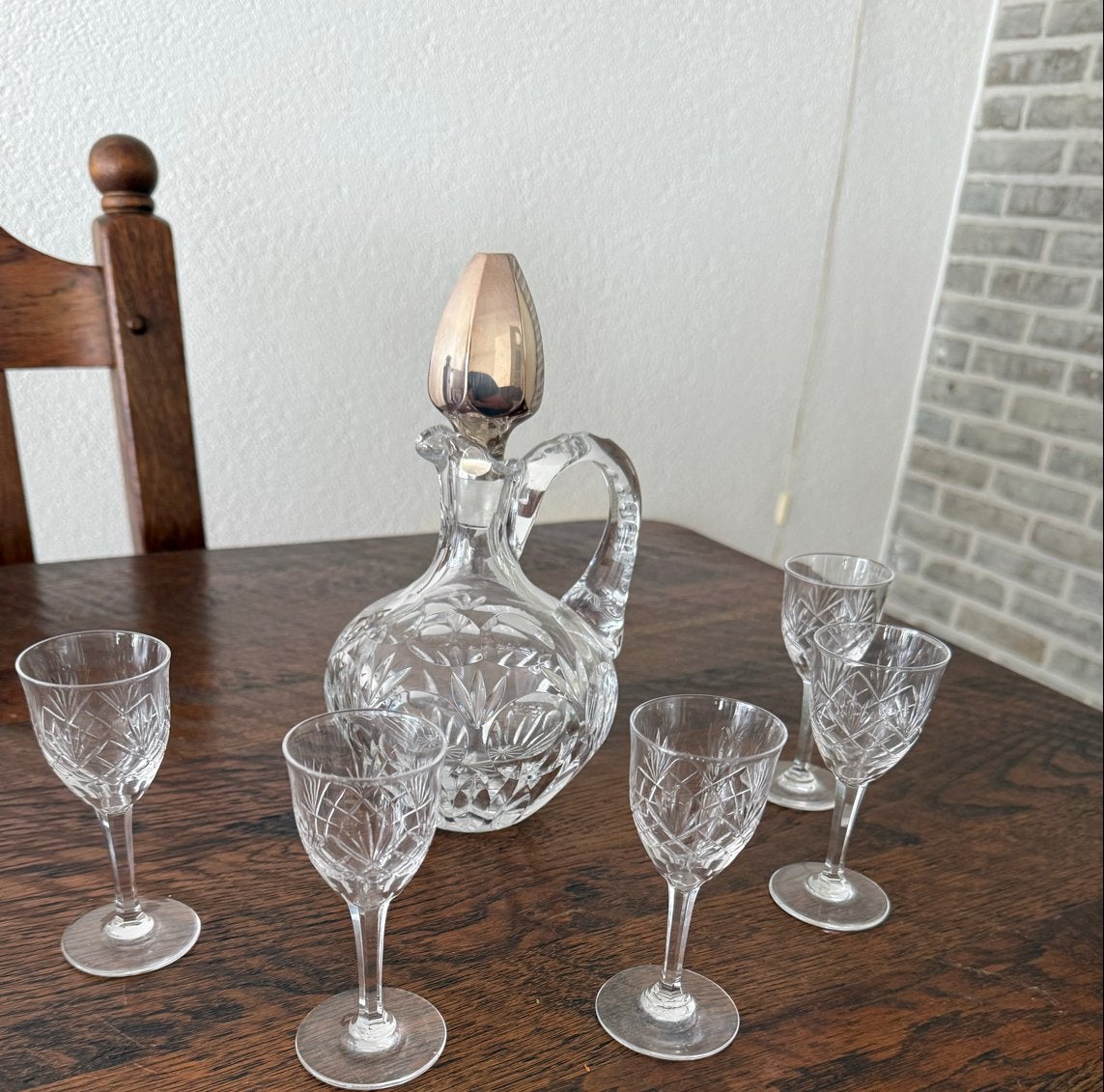 Antieke karaf met 5 borrelglaasjes, geslepen kristal, Antiek en Kunst, Ophalen
