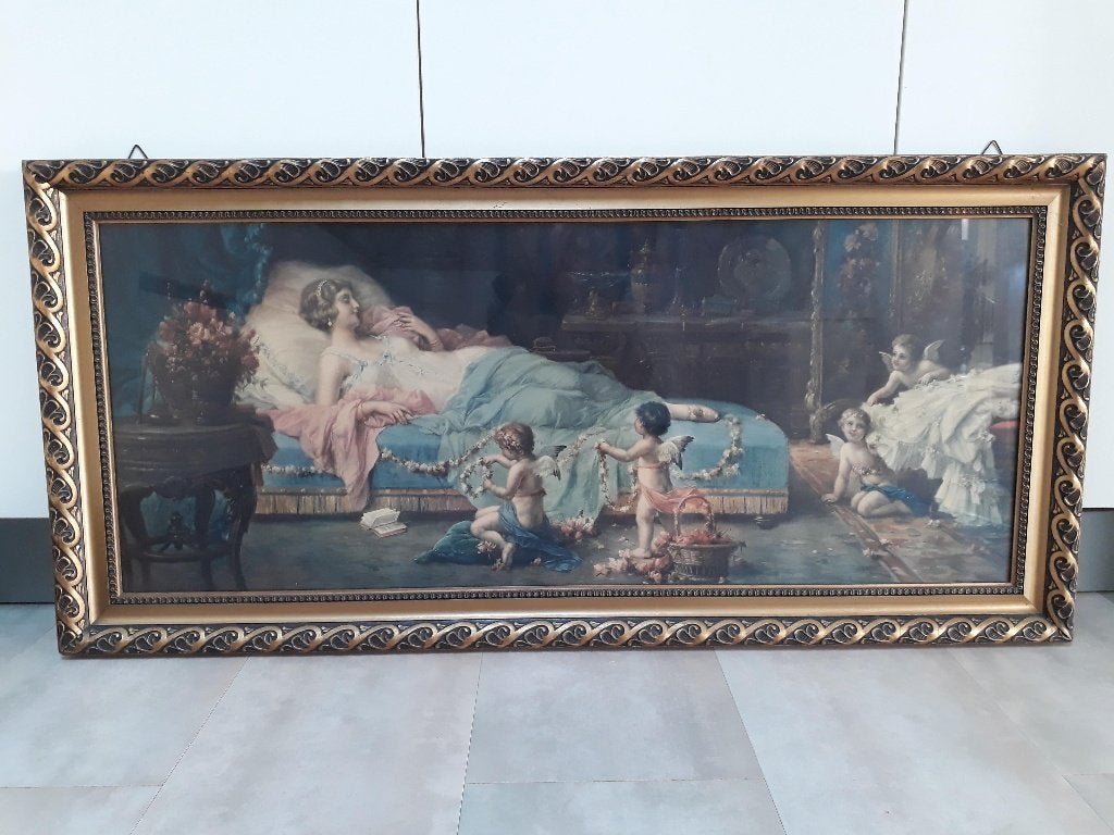 antieke prent in goudkleurige lijst achter glas, Antiek en Kunst, Curiosa en Brocante, Ophalen