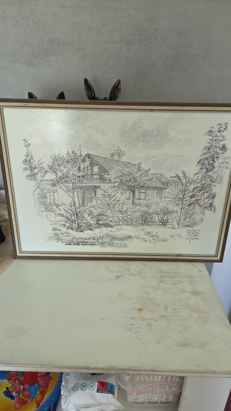 Ingelijste Pentekening van de Linieweg 19 in Den-Helder 1986, Ophalen, Tekening, Pentekening, Ingelijst