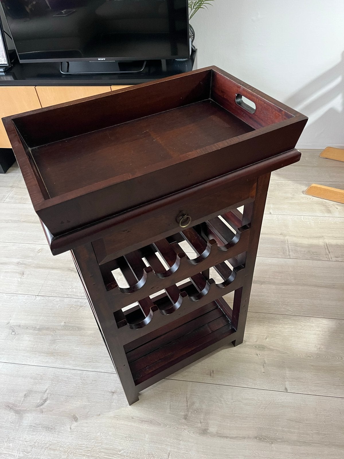 Wijnrek met dienblad en lade - Donkerbruin hout, Ophalen, Gebruikt, 5 tot 15 flessen, 75 – 100