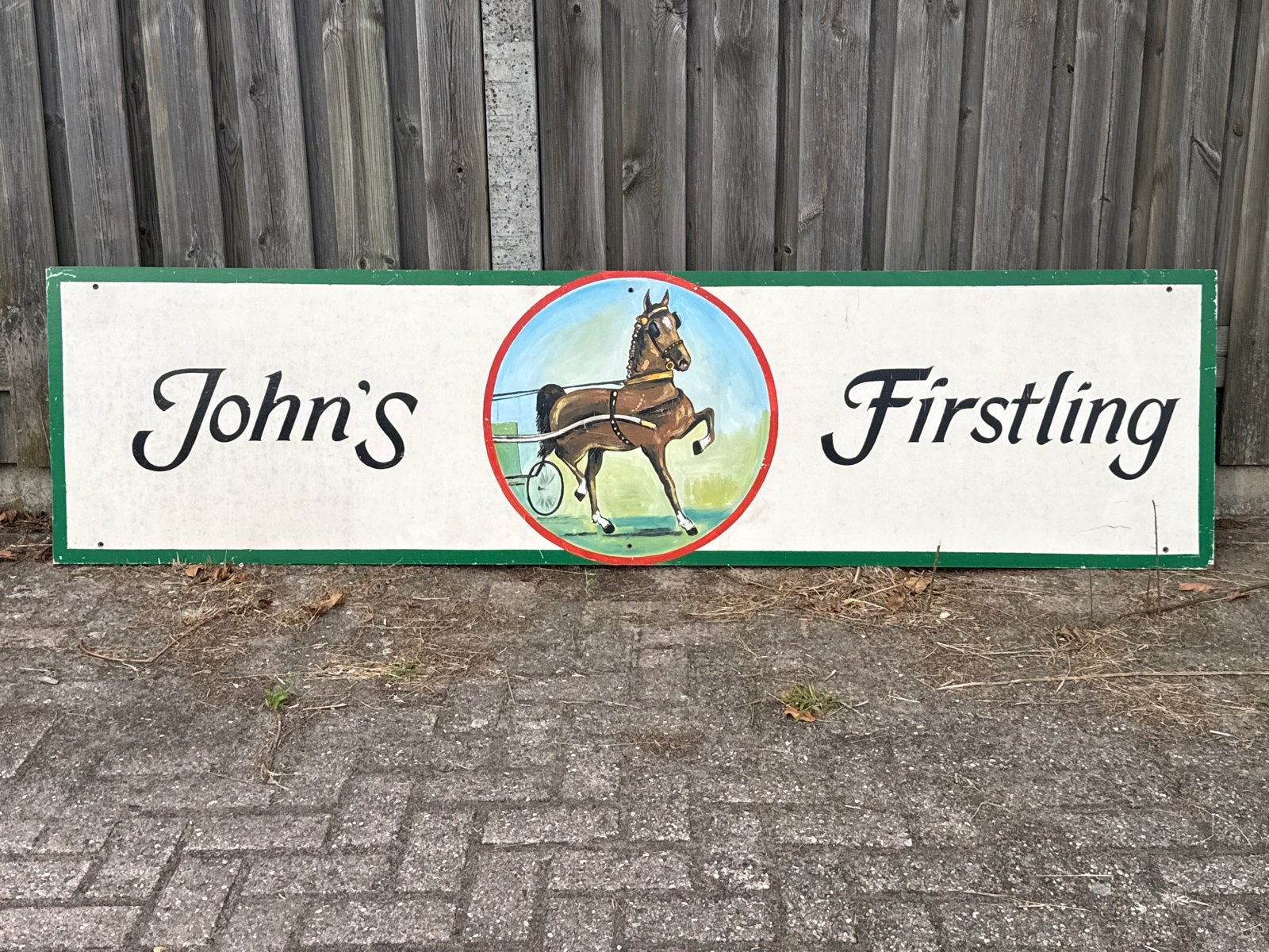 handgeschilderd reclamebord John's Firstling paardensport, Ophalen, Gebruikt