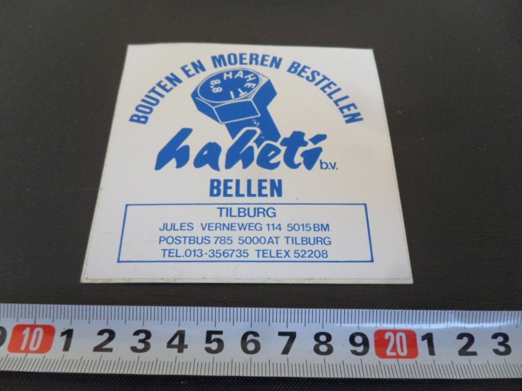 sticker Tilburg HAHETI bv Bouten en moeren bestellen WIT, Verzamelen, Stickers, Zo goed als nieuw, Ophalen