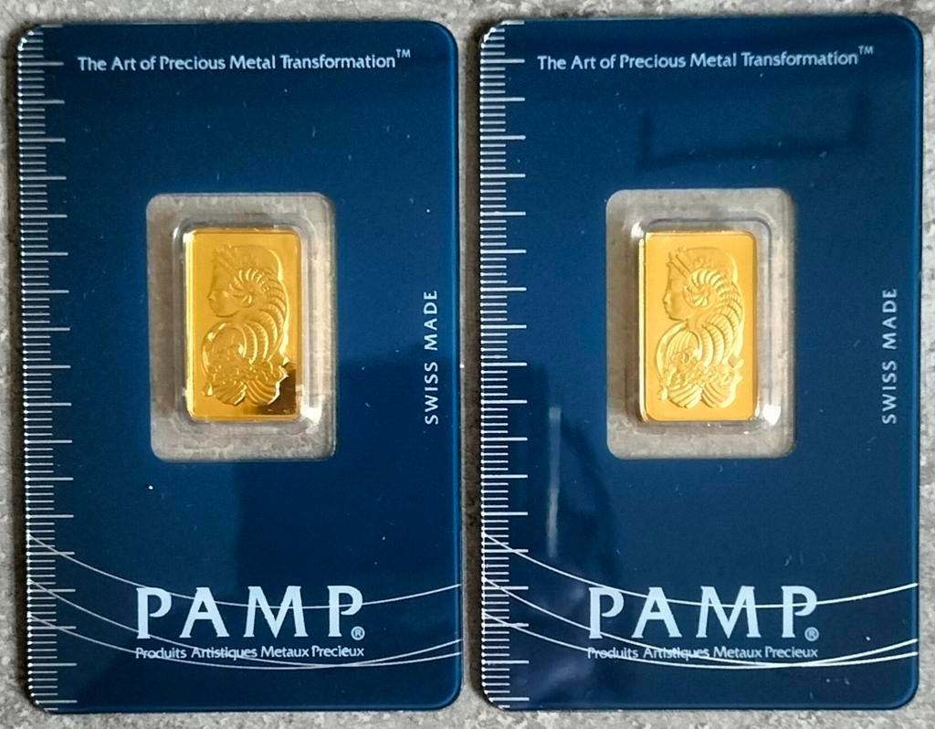 2x 5 Gram Goudbaar Pamp Suisse - Gecertificeerd in blister, Verzenden, Goud