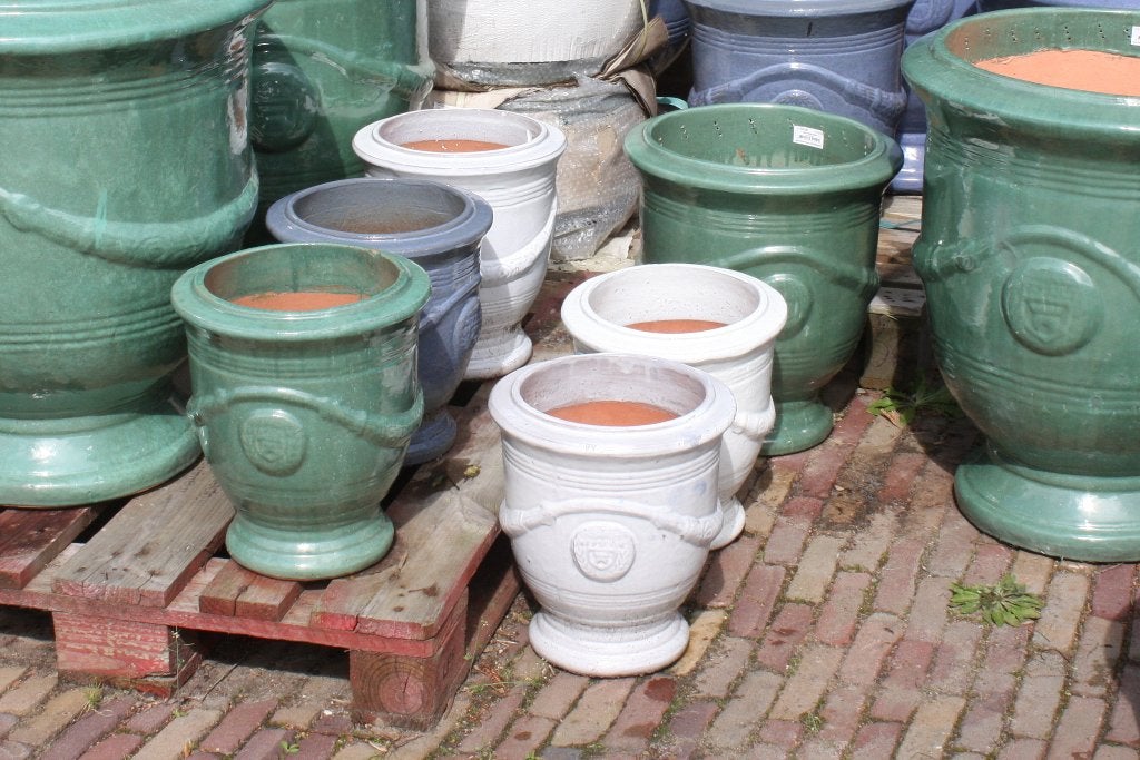 Geglazuurde aardewerk bloempotten Anduze stijl wit terras, Tuin en Terras, Bloempotten, 25 tot 40 cm, Rond, Nieuw, Ophalen of Verzenden