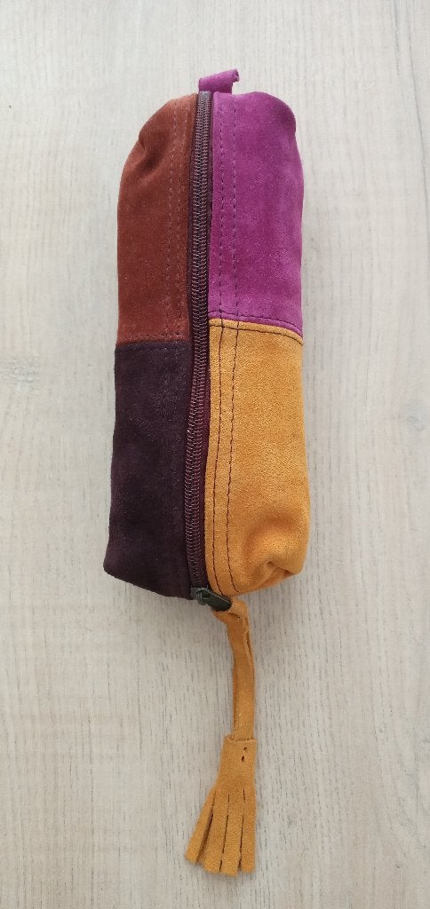 Suede leer make up etui tasje patchwork vintage multi color, Ophalen of Verzenden, Nieuw, Meerkleurig, Heer of Dame