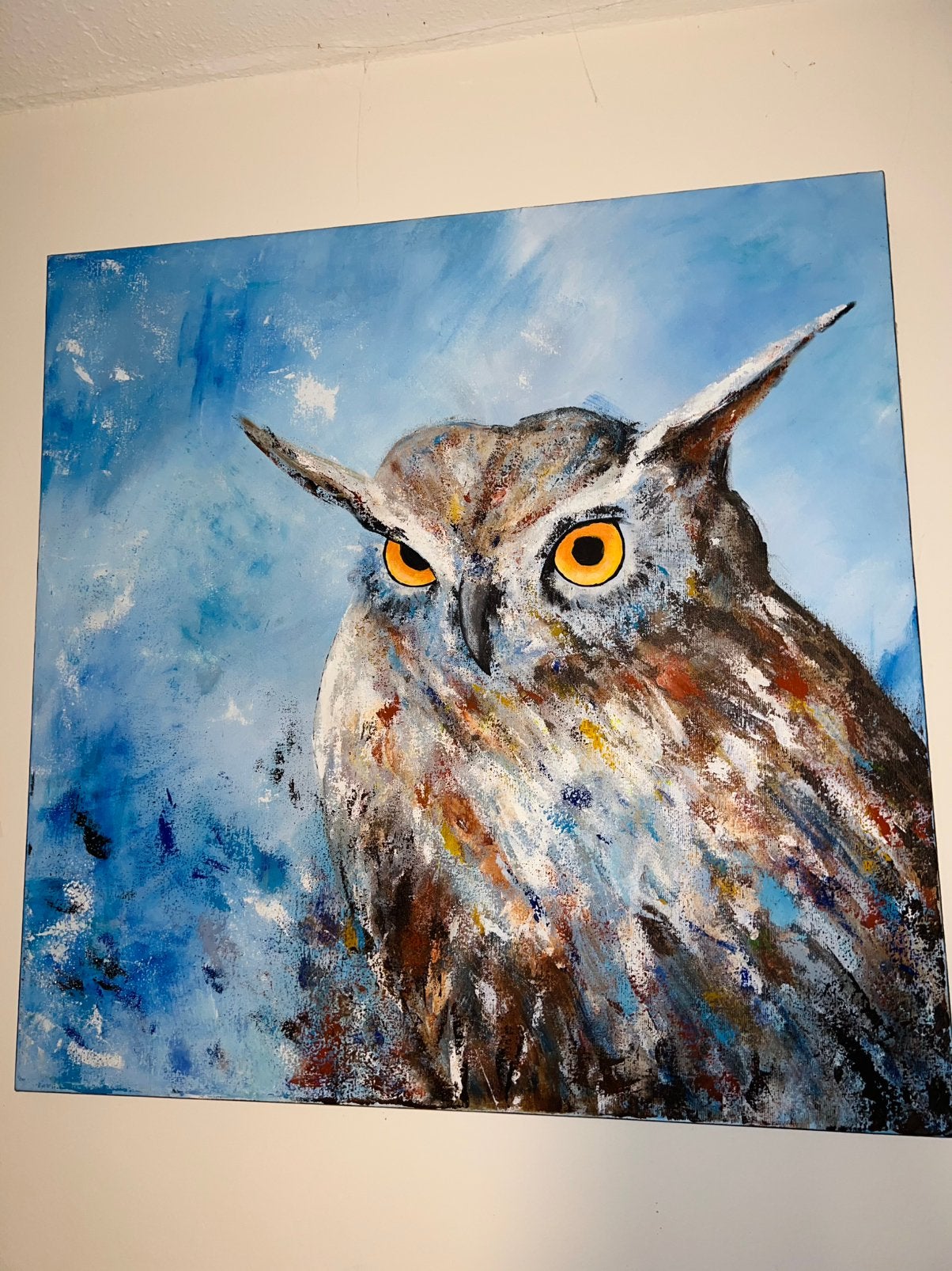 Groot schilderij van uil c. a. 80 x 80cm, Antiek en Kunst, Ophalen, Overige materialen, Acrylverf, Dieren