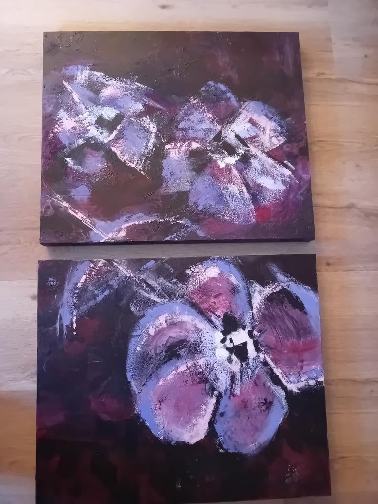 2 luik schilderij bloemen,  lila roze paars tinten, Ophalen