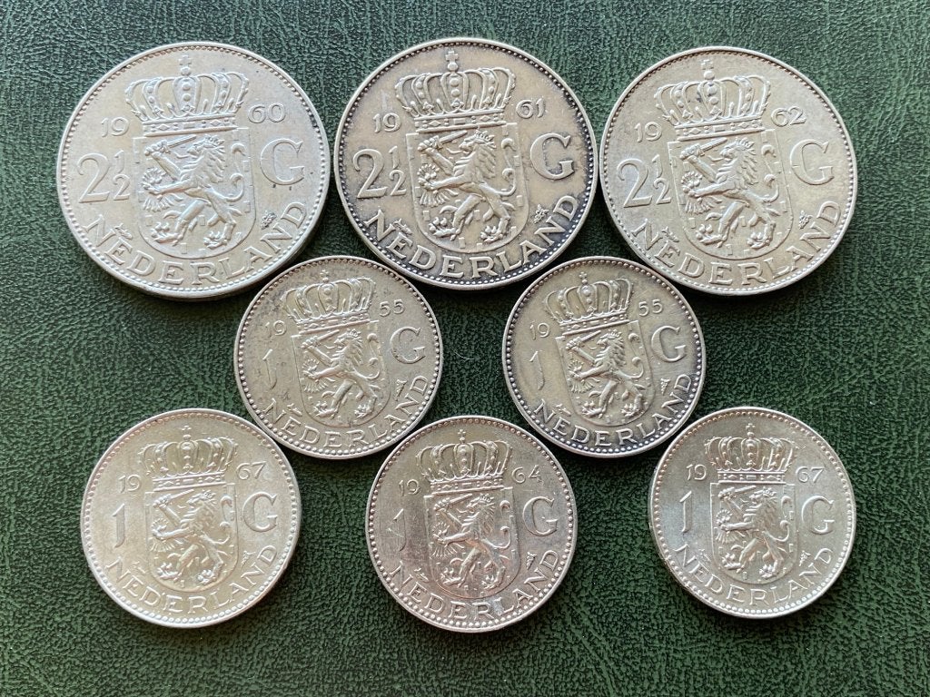 Set Nederlandse Guldens en Rijksdaalders Koningin Juliana, 1 gulden, Koningin Juliana, Setje, Zilver
