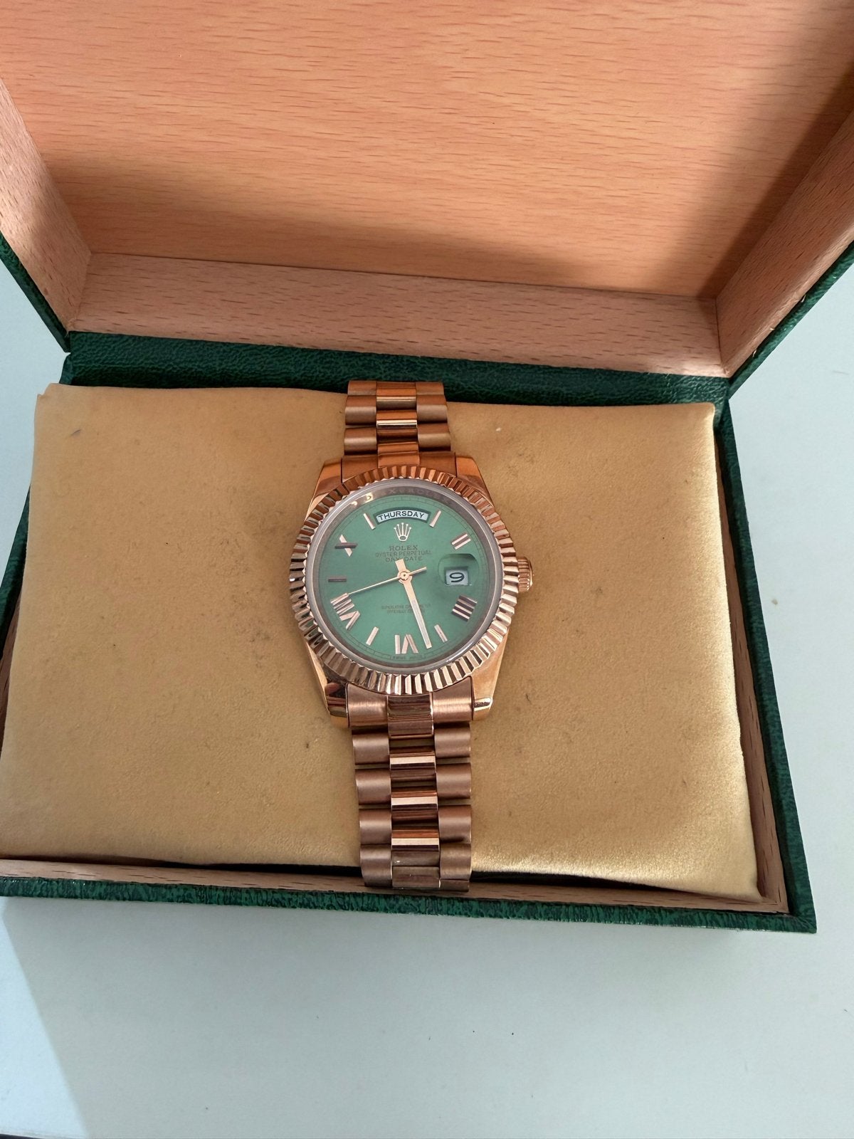 Rolex day date Oyster Roségoud Olive Green Wijzerplaat, Rolex, Polshorloge, Ophalen of Verzenden, Zo goed als nieuw