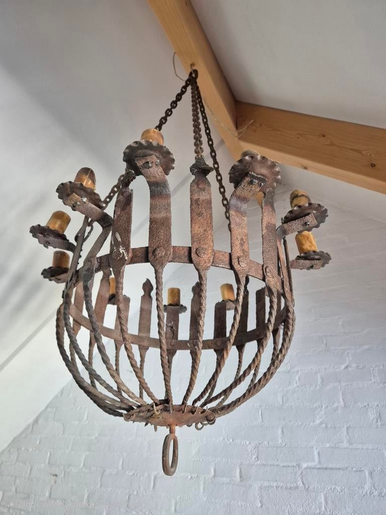Vintage smeedijzeren kroonluchter, Huis en Inrichting, Lampen | Kroonluchters, Ophalen, Metaal
