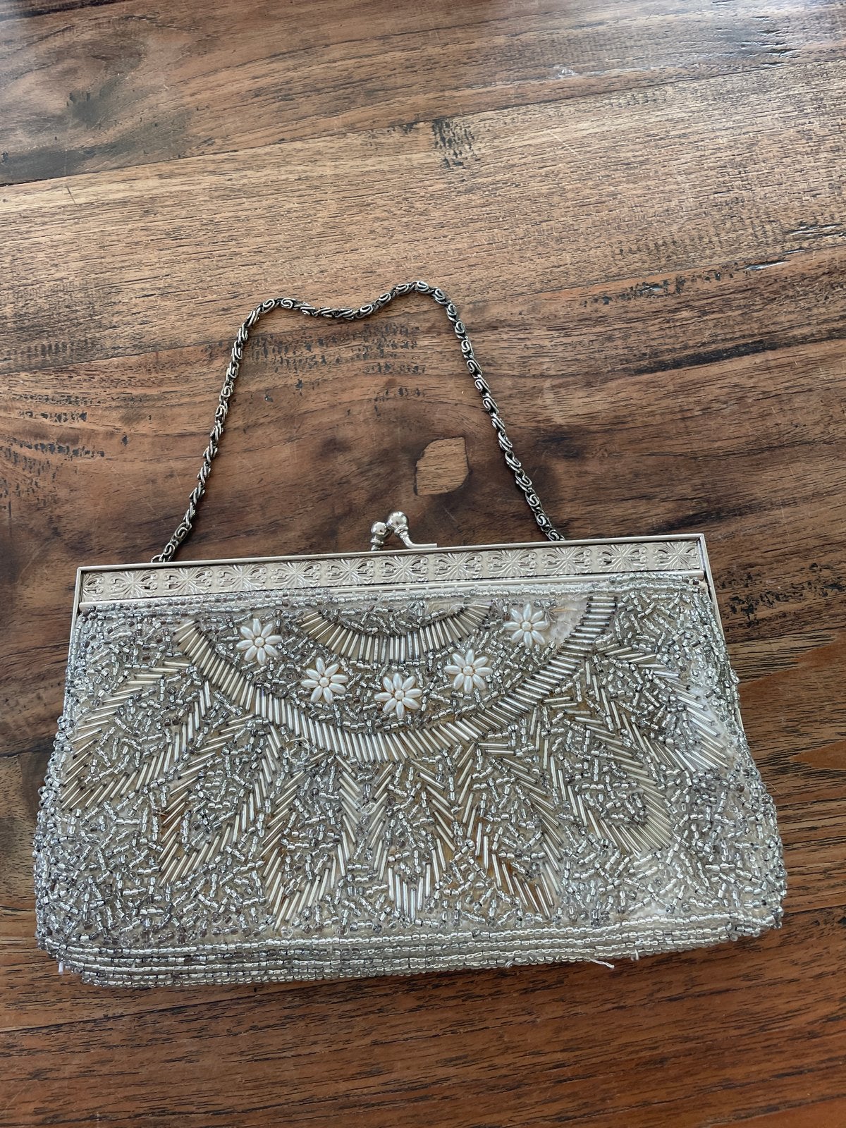 Vintage Avondtasje met Kralen en Ketting, Ophalen of Verzenden, Gebruikt, Avondtasje