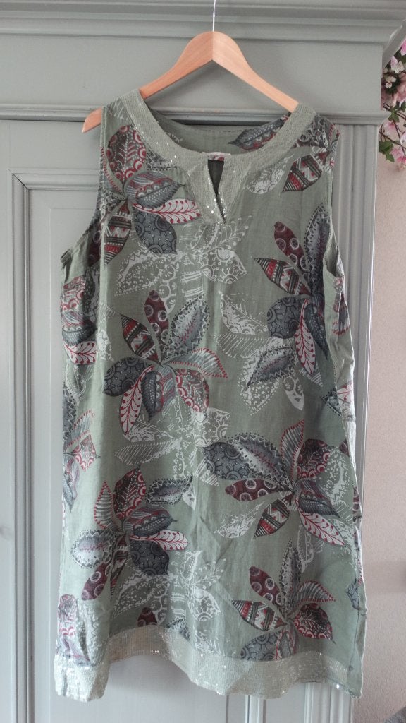 Paprika groen gebloemde linnen jurk, maat 50, Verzenden, Maat 46/48 (XL) of groter, Zo goed als nieuw, Paprika