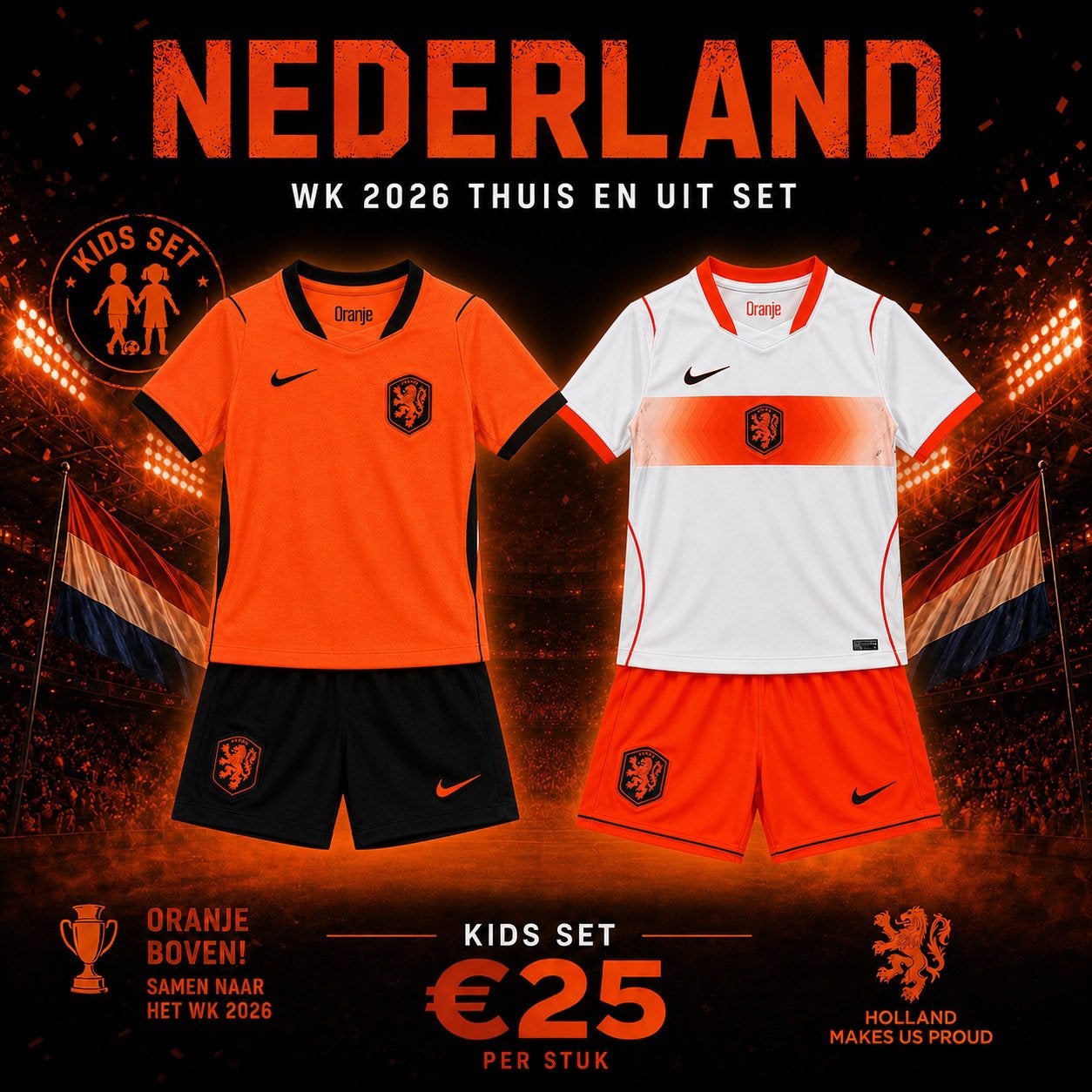 Nederlands elftal kids set WK 2026 - vandaag verzonden, Sport en Fitness, Voetbal, Maat XS of kleiner, Verzenden, Nieuw, Shirt
