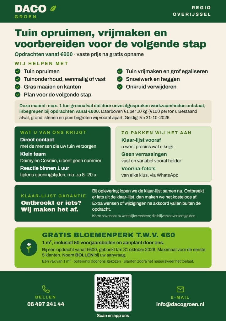 Tuin opruimen en vrijmaken | vaste prijs | regio Overijssel, Garantie, Tuin- of Vijveraanleg
