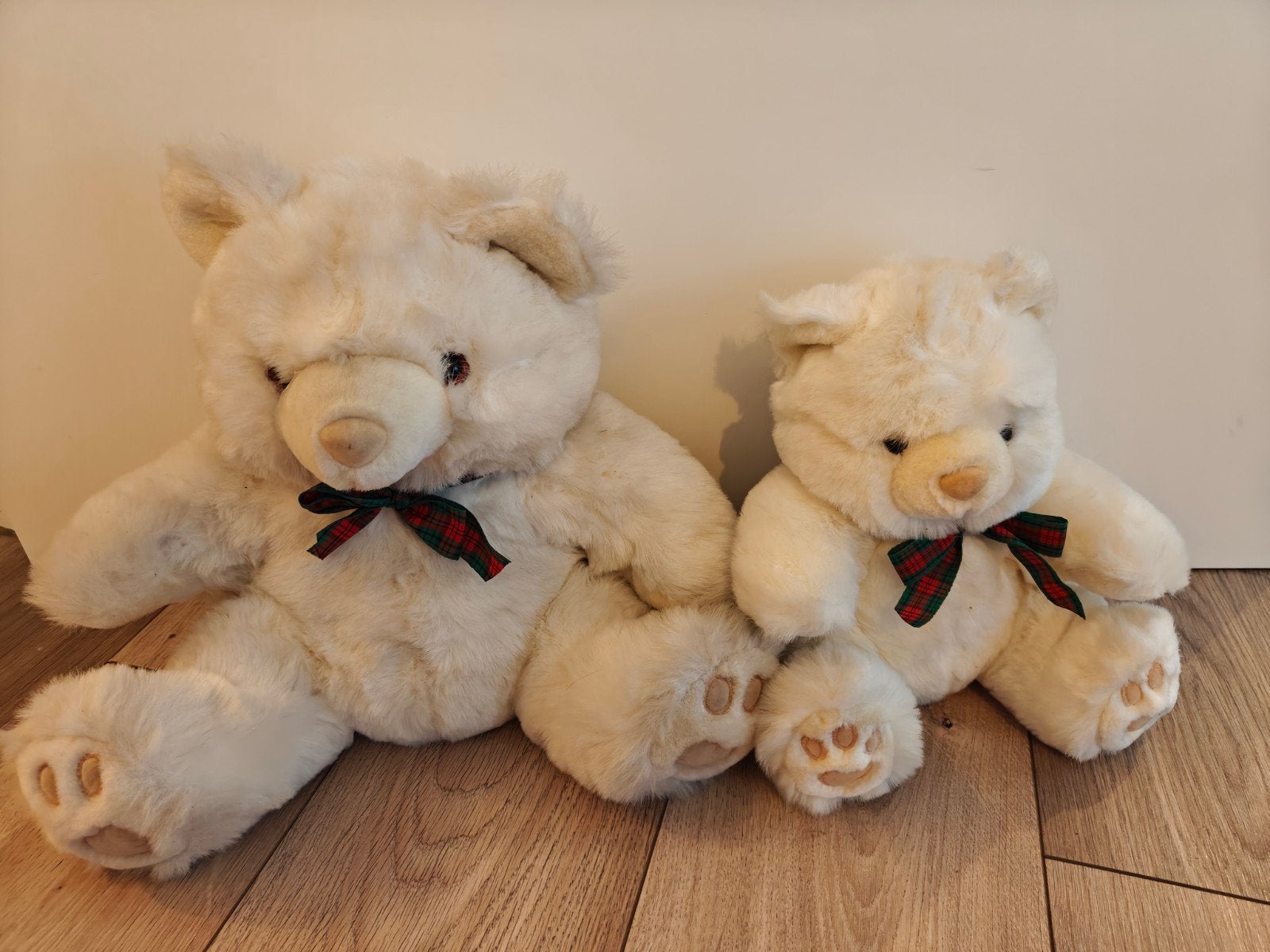 Set van 2 witte teddyberen met geruite strik, Overige merken, Overige karakters, Beer, Ophalen of Verzenden