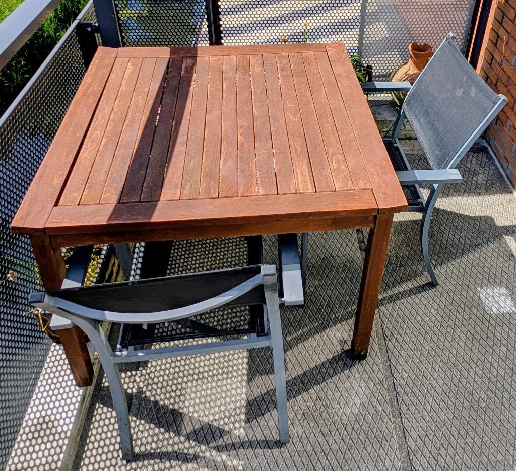 Teakhouten tuintafel incl. 2 tuinstoelen tuin tafel - stoel, Ophalen, Zo goed als nieuw, Rechthoekig, Teakhout