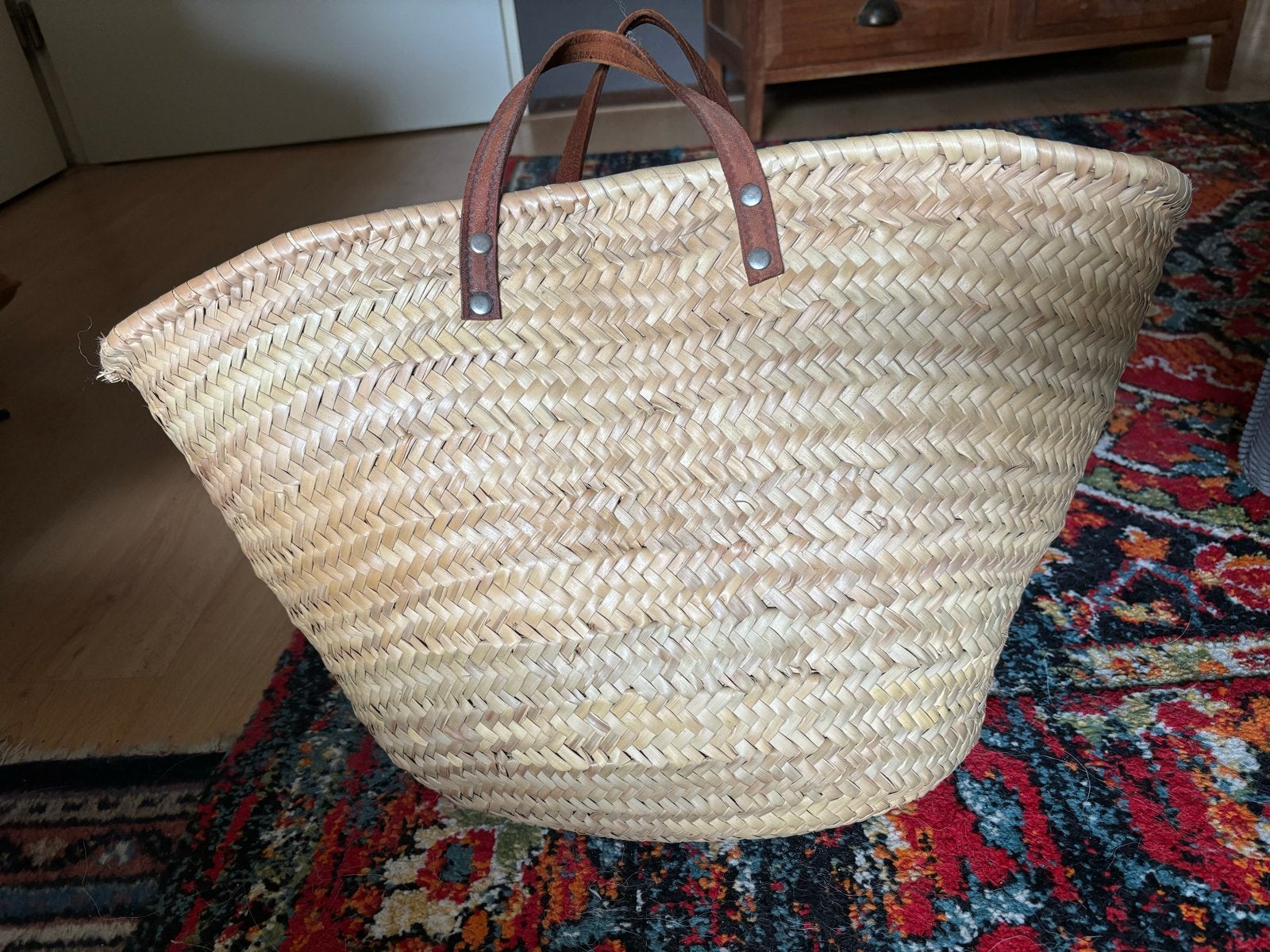 Gevlochten rieten (strand) tas met leren handvaten, Ophalen, Gebruikt, Bruin, Overige typen