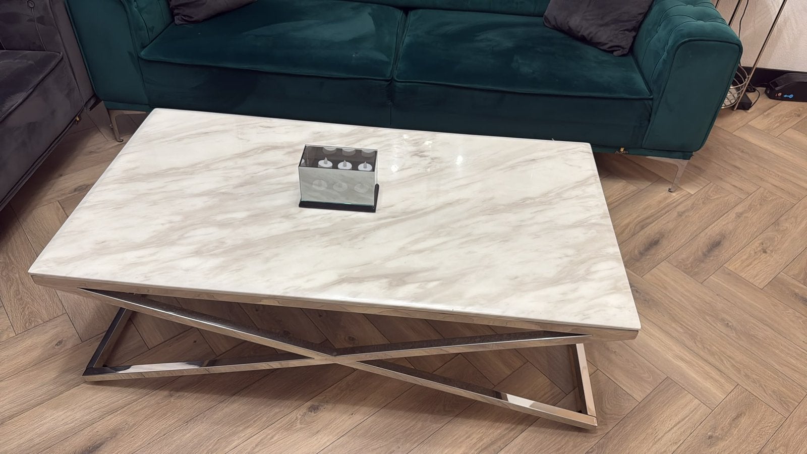 Marmerlook salontafel, Ophalen, Gebruikt, 100 tot 150 cm, 50 tot 100 cm