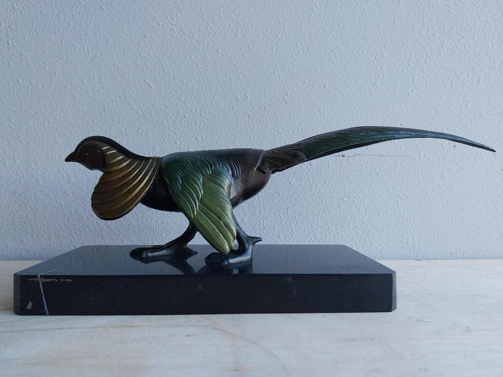 Art Deco fazant sculptuur zamak op marmeren sokkel jaren 30, Art deco, Gepatineerd, Ophalen of Verzenden, 20 - 50 cm