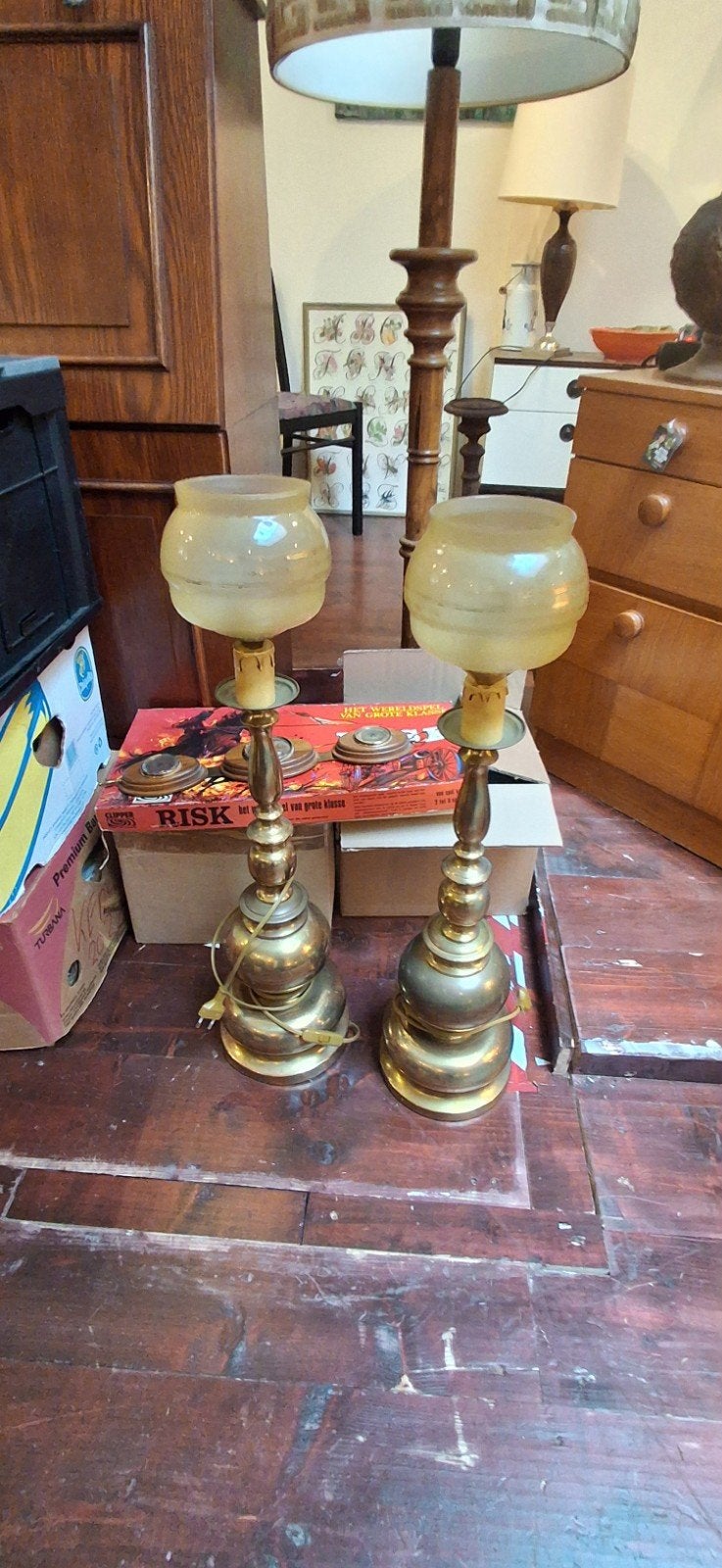 Set van 2 vintage messing lampen met glazen kap, Ophalen of Verzenden