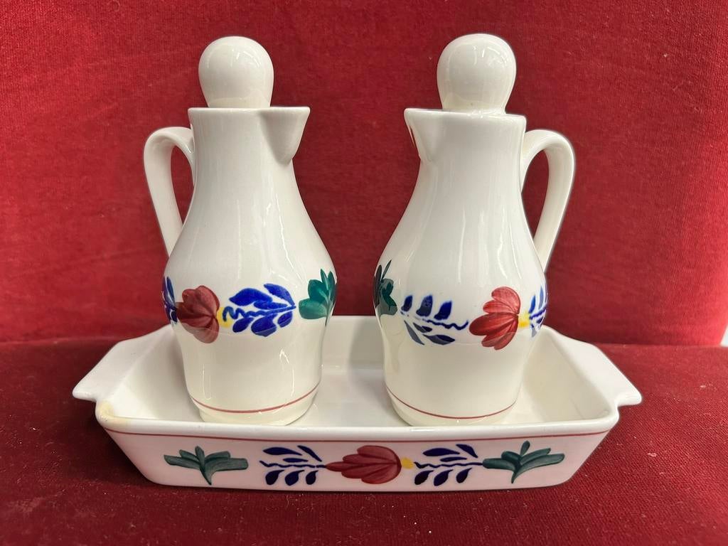 Boerenbont complete set olie en azijnflesje inc onderbordje, Div, Ophalen of Verzenden, Div, Aardewerk