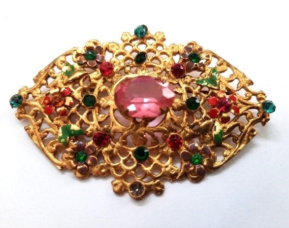 Grote antieke Tsjechische filigrain broche Roze Kristal, Ophalen, Overige materialen, Broche