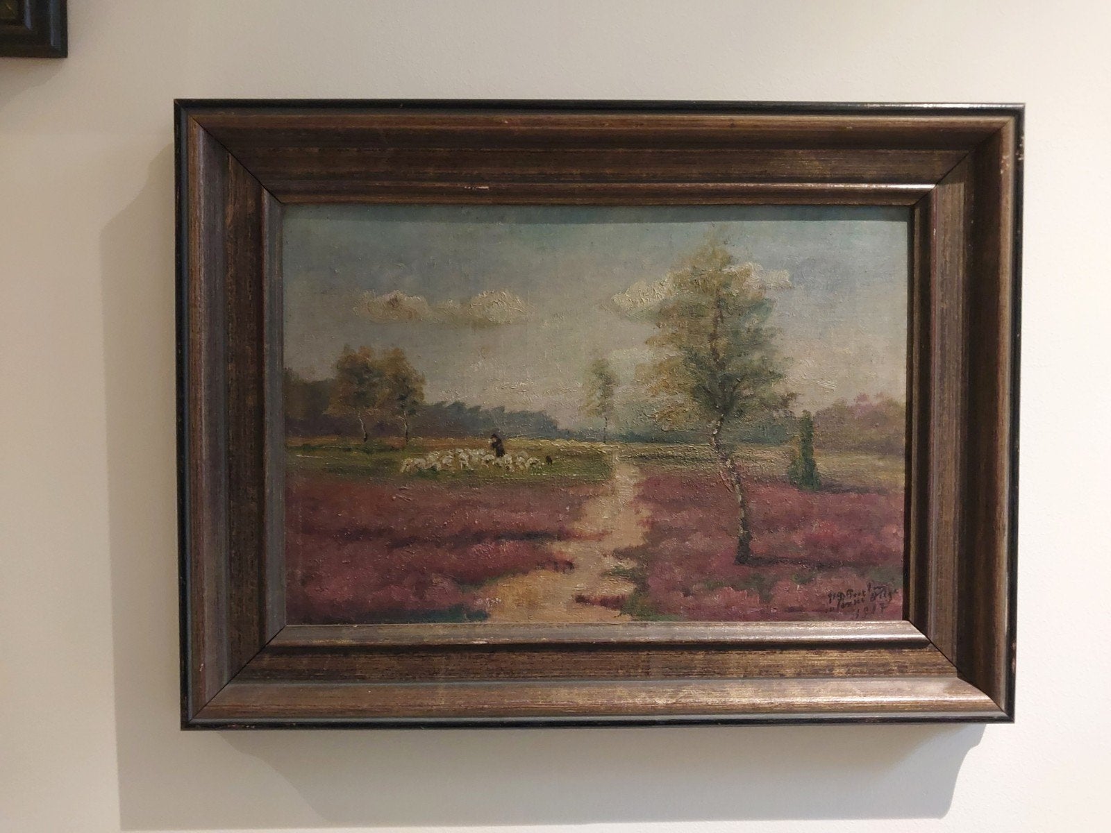 Prachtige schaapsherder op de heide, gesigneerd 1917, Ophalen of Verzenden