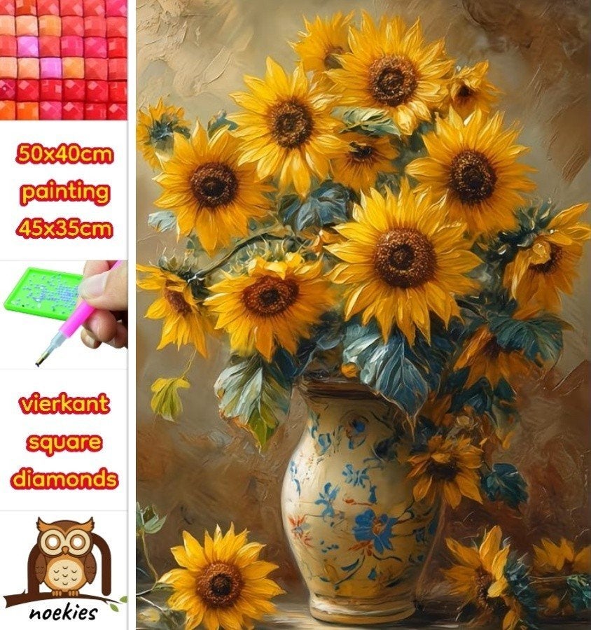 50x40cm Diamond Painting vaas met bloemen  (vierkant) nr 14, Verzenden, Geel, Nieuw, Natuur en Bloemen