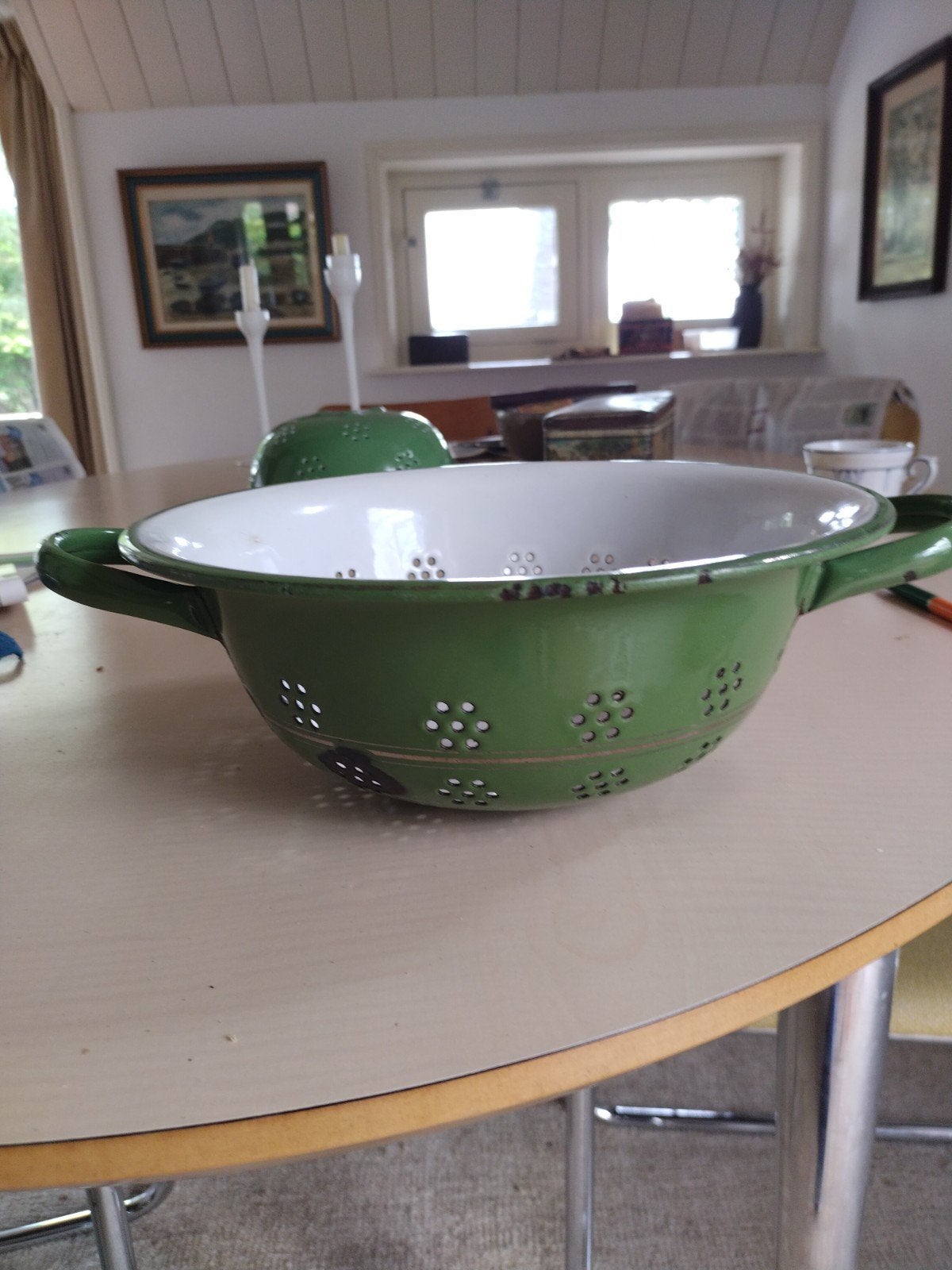 vintage groen emaille vergiet, Antiek en Kunst, Antiek | Emaille, Ophalen of Verzenden