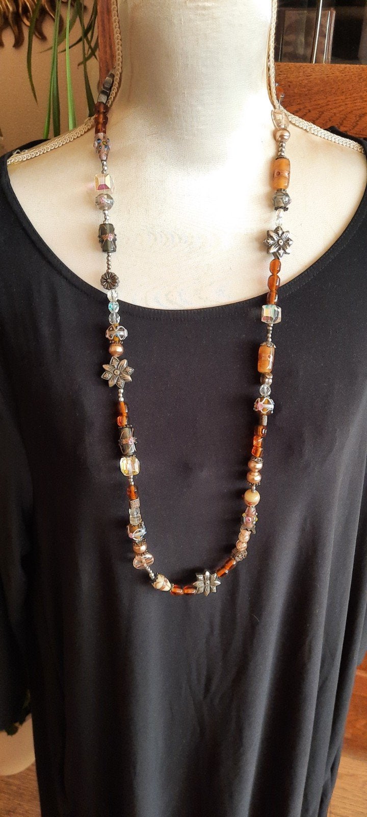 Vintage ketting met Venetiaanse handelskralen en Swarovski, Met kristal, Overige materialen, Gebruikt, Bruin