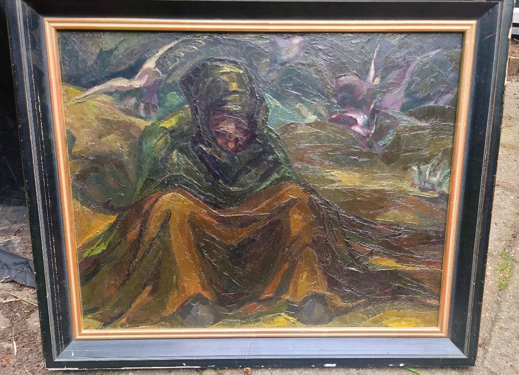 Kees van Urk (1895-1976) Nettenboetster uit Katwijk 1923 oli, Origineel werk, Doek, Portret of Personen, Expressionistisch