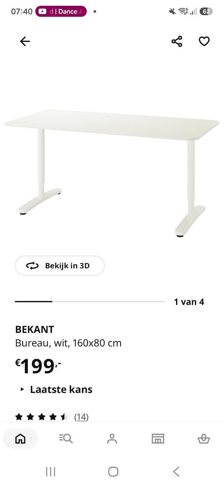 IKEA BEKANT Bureau, wit, 160x80 cm, in hoogte verstelbaar, Huis en Inrichting, Ophalen, 160 cm, Hout, In hoogte verstelbaar