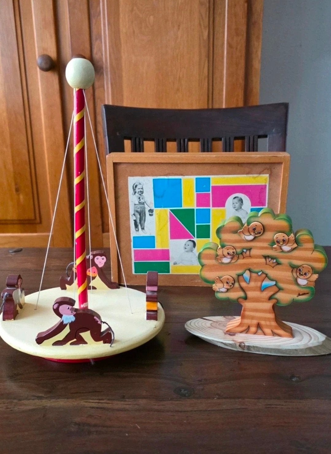 Setje houten speelgoed: blokken, boom puzzel en draaimolen, Ophalen of Verzenden