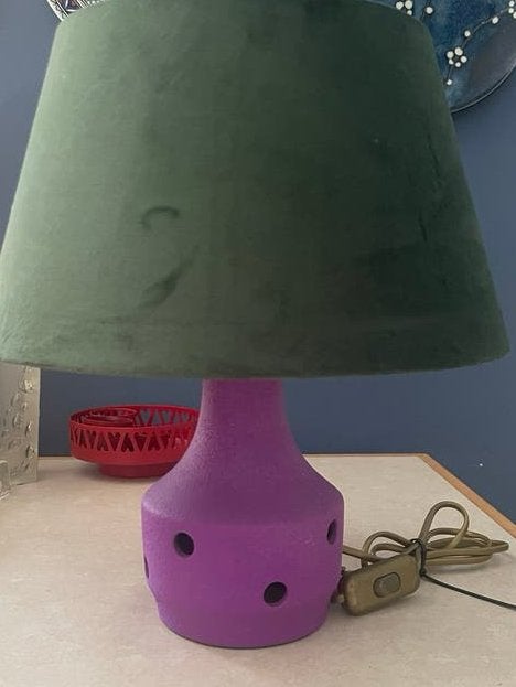 Space age paarse lampenvoet met groene velvet kap, Ophalen of Verzenden, Vintage
