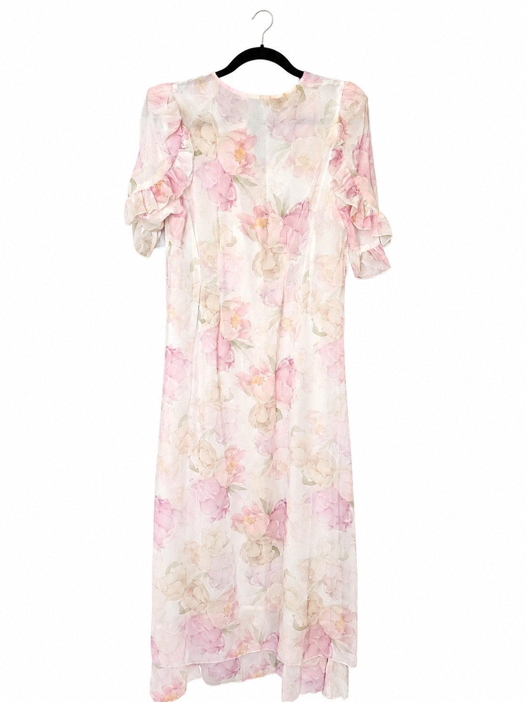 Maxi jurk met bloemenprint en ruches, Kleding | Dames, Jurken, Wit, Maat 42/44 (L), Ophalen of Verzenden, Onder de knie