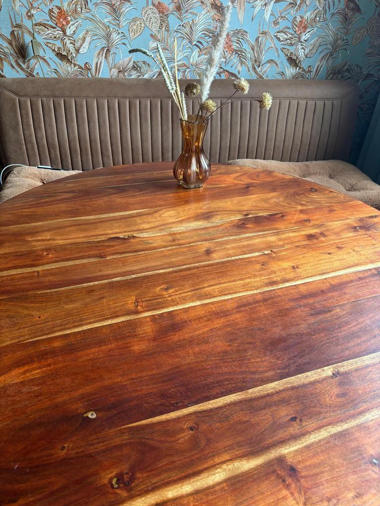 Ronde eettafel mangohout, Huis en Inrichting, Tafels | Eettafels, Ophalen, Gebruikt, Rond, Vier personen