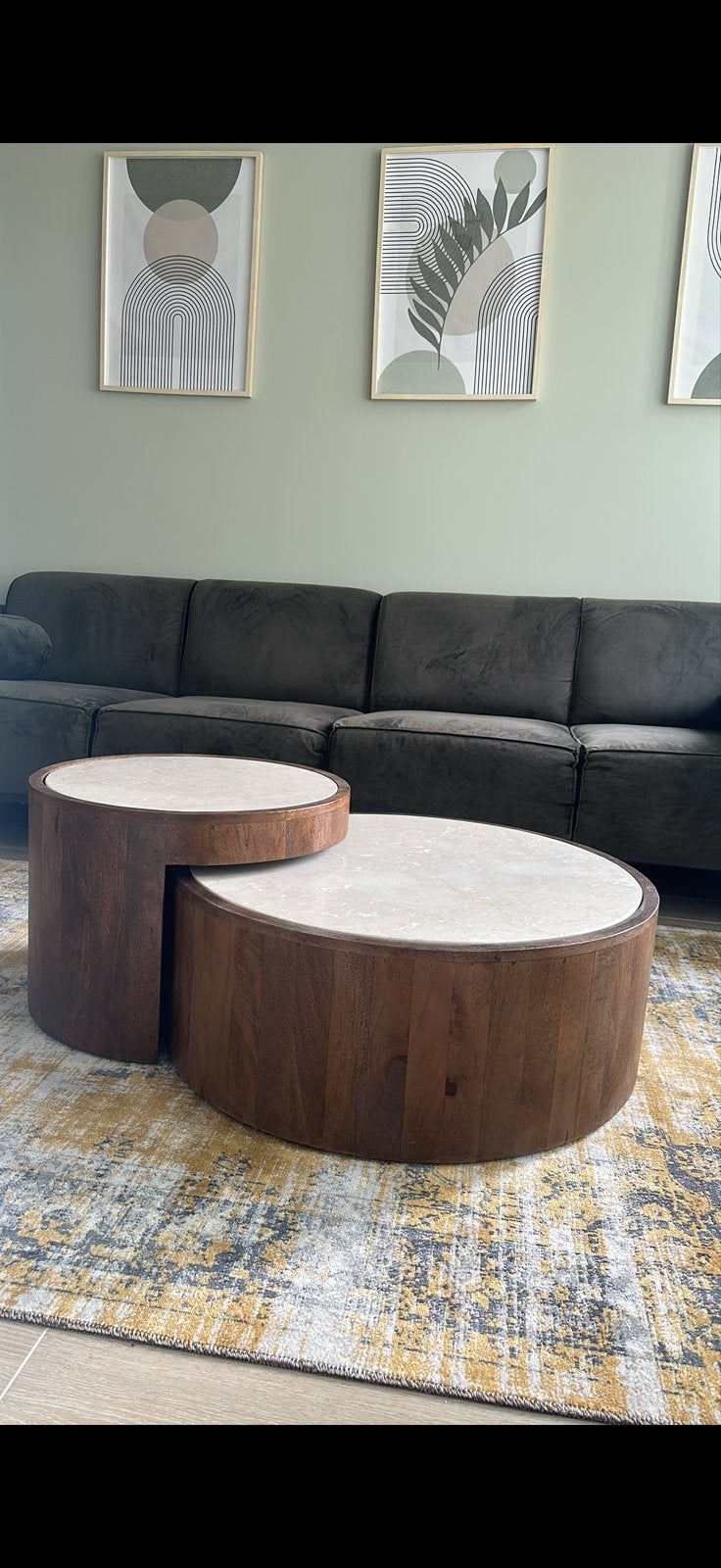 Eleonora Salontafel set Hazel Mangohout & Marmer, Ophalen, Rond, 50 tot 100 cm, Zo goed als nieuw