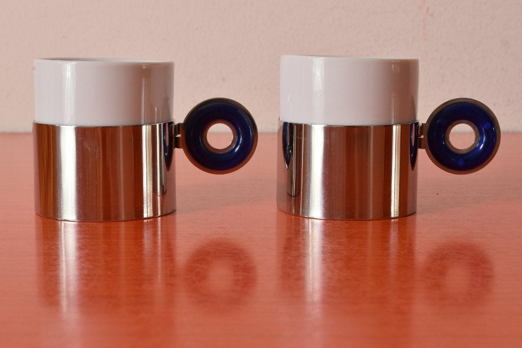 Set van 2 retrostijl WMF Cromargan espressokopjes in houder, Overige merken, Ophalen of Verzenden, Zo goed als nieuw, Modern
